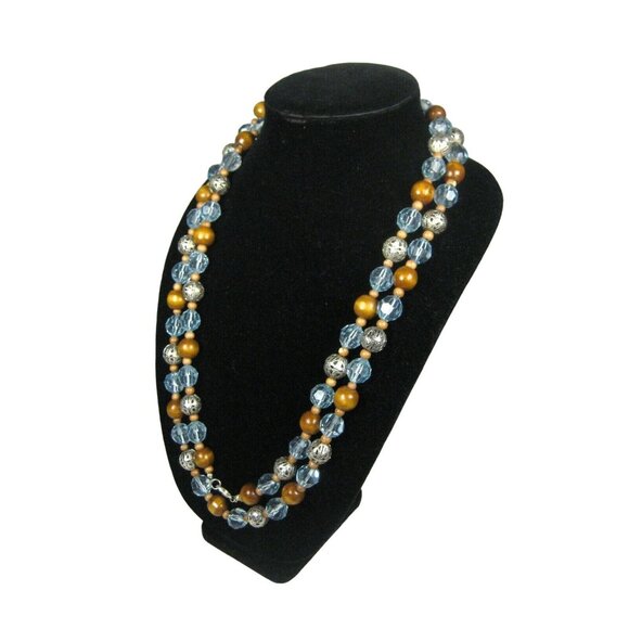 Necklace Women 60 Inch Jewelry Silvertone Blue Wooden Rope Lariats FLAWED Beads - Picture 2 of 10